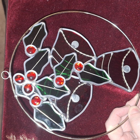 Stained Glass Round Window Suncatcher Bells and Holly W Berries - Picture 2 of 5